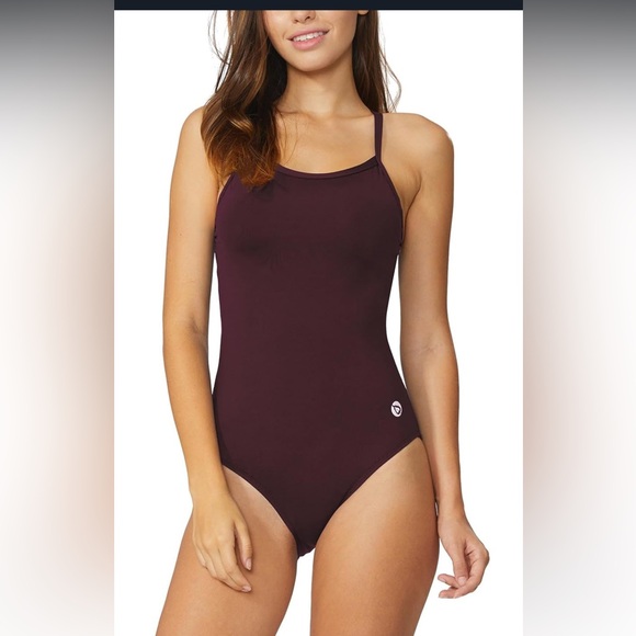Burgundy One Piece Athletic Swimsuit High Neckline training adjustable straps - Picture 1 of 16
